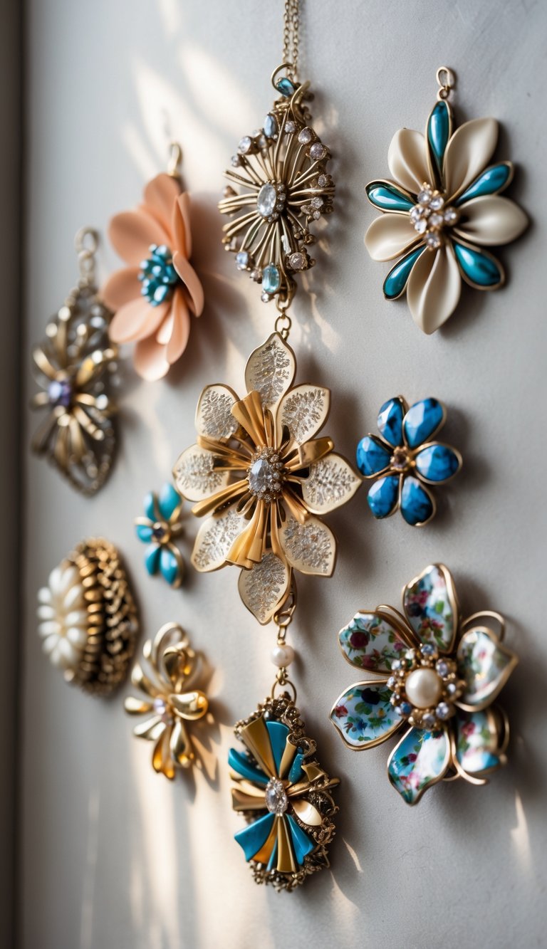 A collection of vintage floral jewelry pieces arranged as decorative wall art on a neutral background.